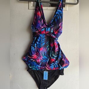 Yonique Colorful Leaf Print TANKINI 2pc Swimsuit NWT